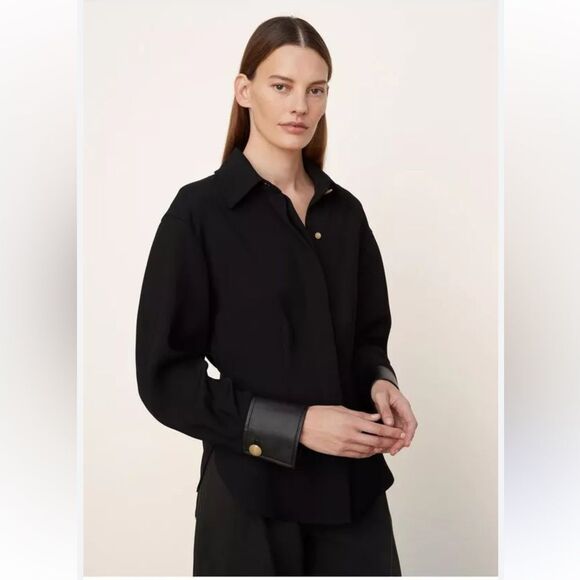 VINCE LADIES XS SHIRT BLACK FAUX LEATHER CAREER MINIMALIST MODERN SHAPED - Picture 1 of 16